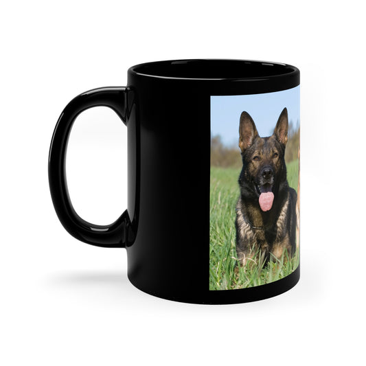 Black Dog Lover Ceramic Coffee Mug 11oz With Three Working Line German Shepherds Sitting On Grass