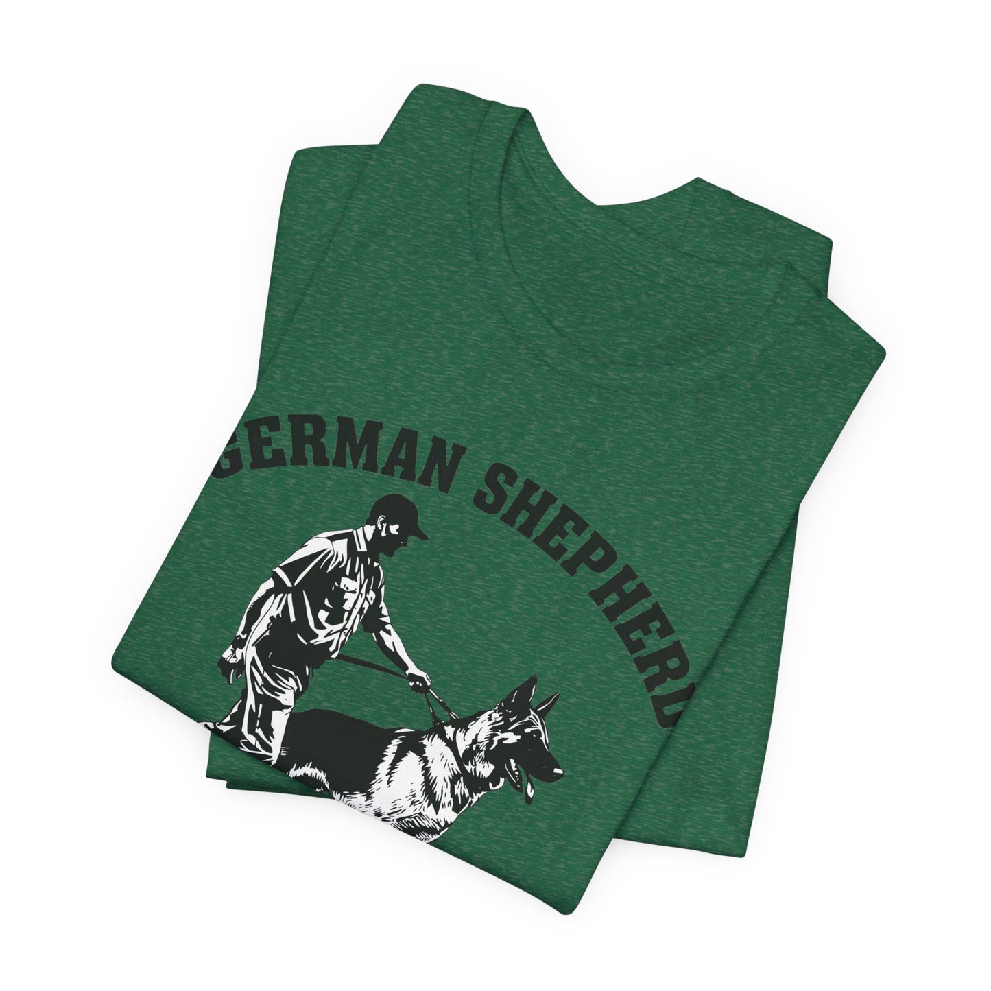 German Shepherd Trainer Tee - Black and White Design of Man Holding a German Shepherd