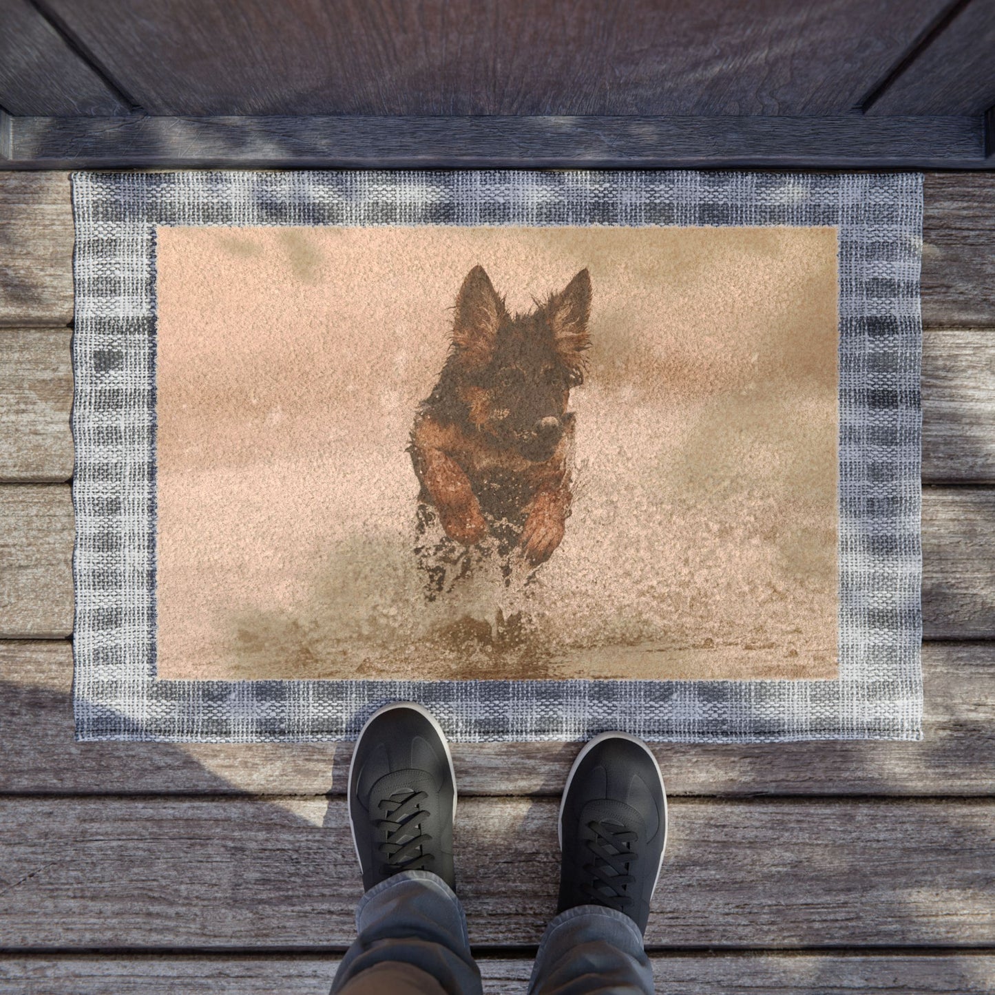 Dog Lover Doormat Featuring a Stunning German Shepherd Puppy Jumping in the Water