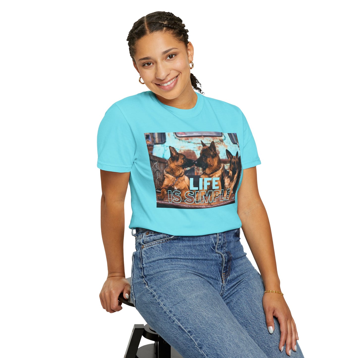 Unisex Dog Lover T-Shirt With Three German Shepherds Sitting on the Truck's Cargo Bed and Caption Life is Simple
