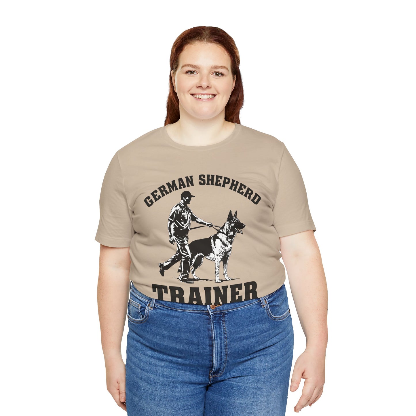 German Shepherd Trainer Tee - Black and White Design of Man Holding a German Shepherd