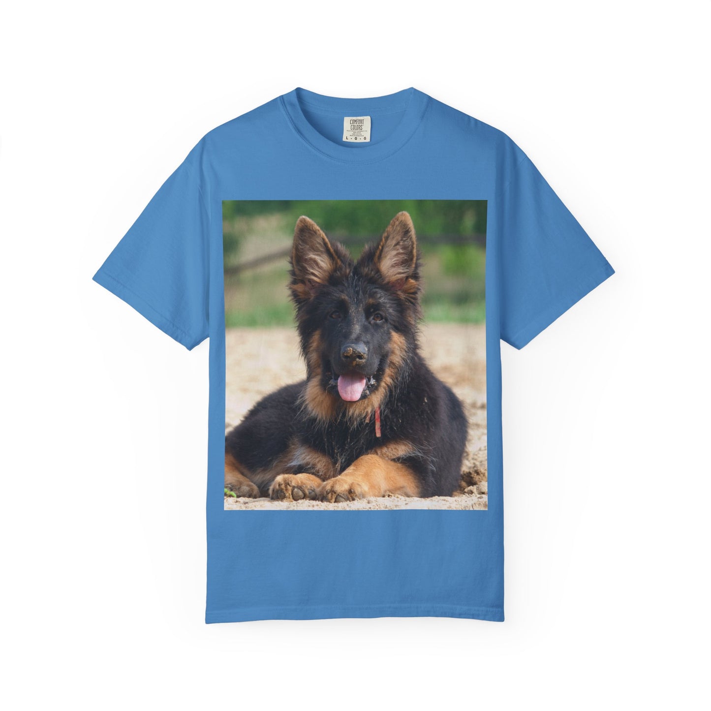Unisex Dog Lover T-Shirt Featuring Photo of Stunning German Shepherd Puppy Resting on the Sand