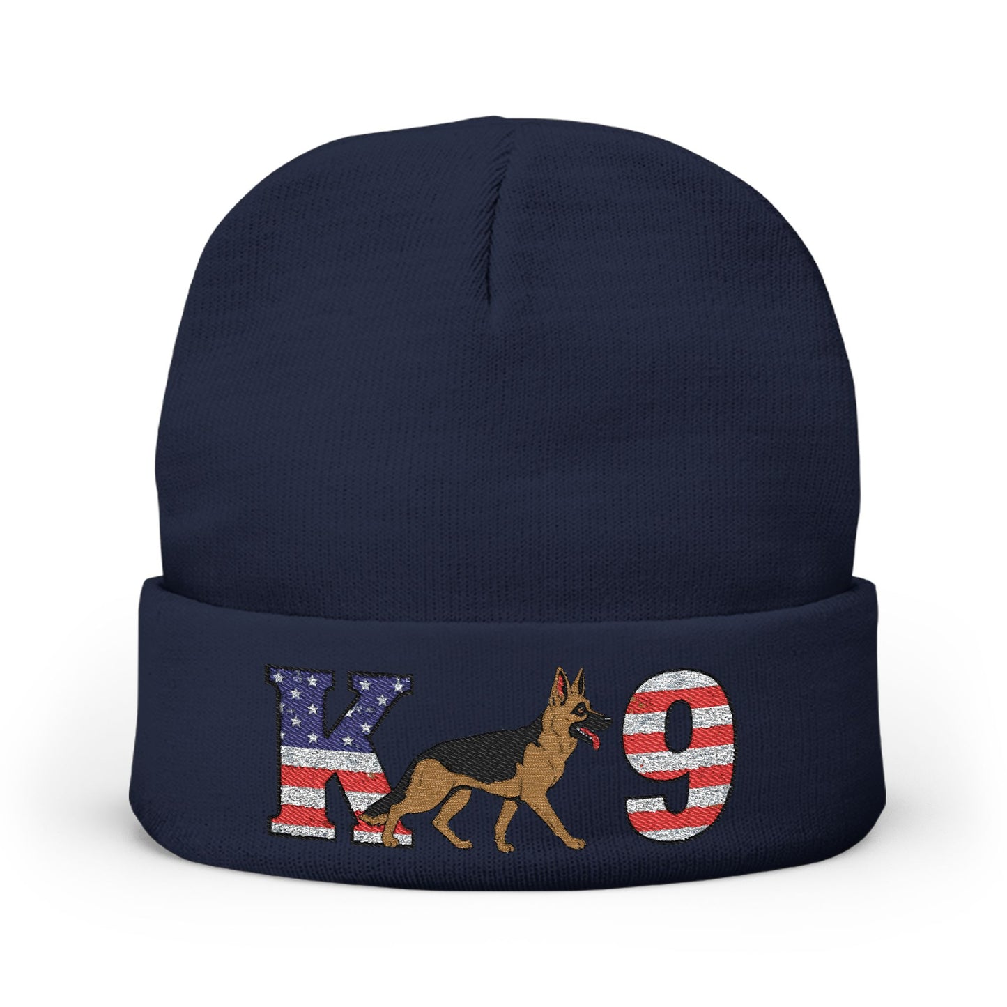 Embroidered K9 American Flag Beanie Featuring a German Shepherd | Patriotic Knit Hat, Memorial Day Cap