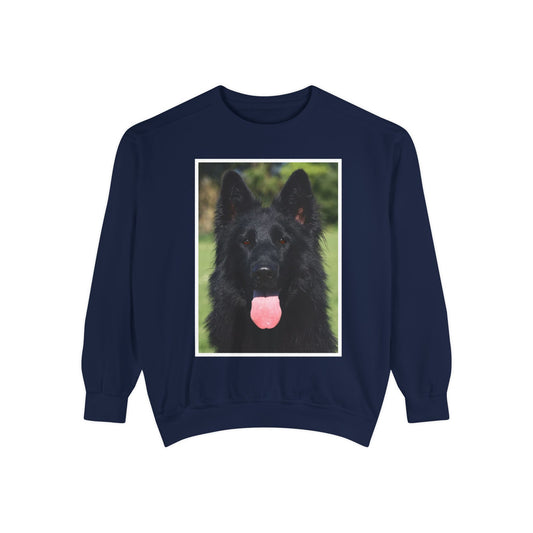 Unisex Dog Lover Sweatshirt With a Close Up of Solid Black German Shepherd Leaving Hanging Tongue