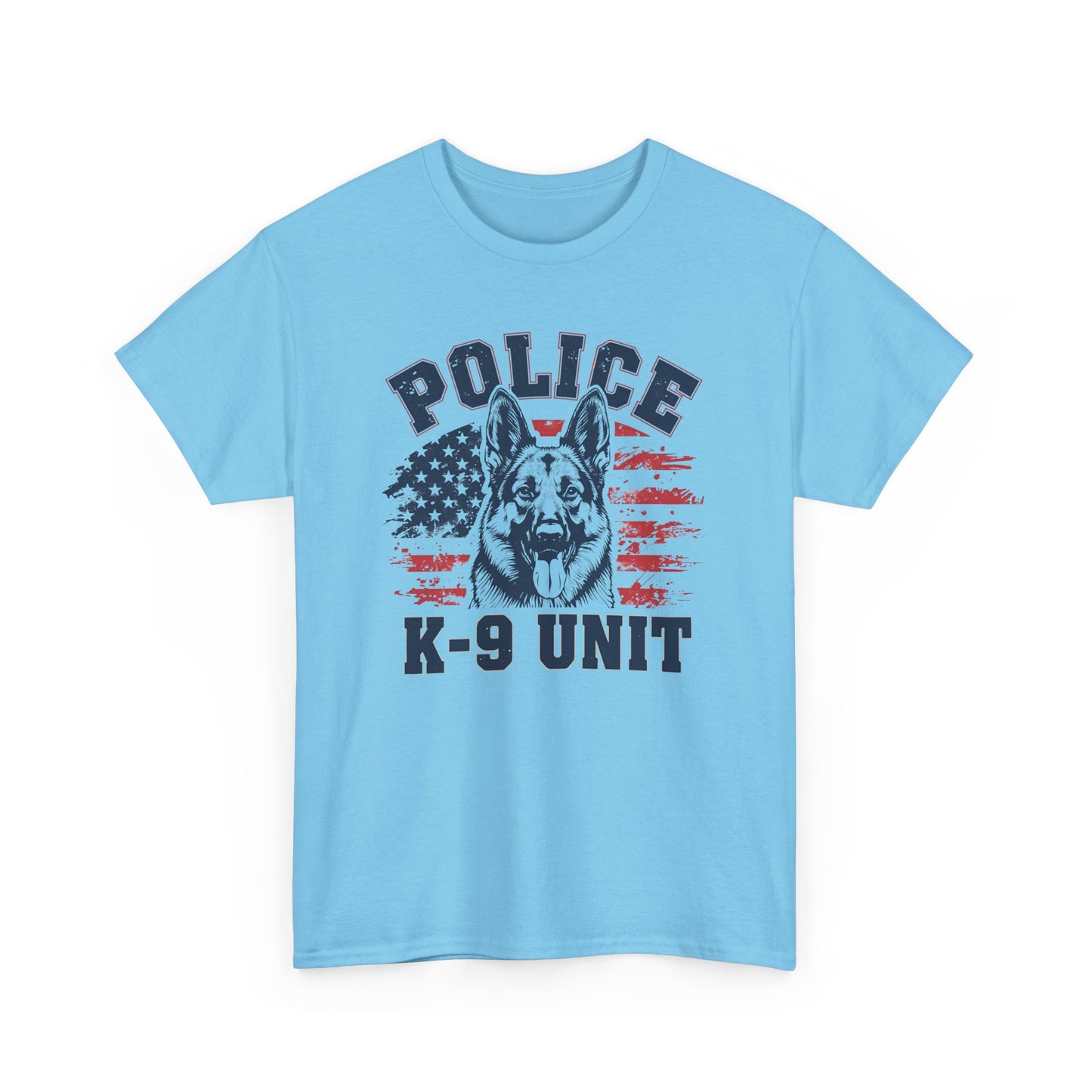 Patriotic Police K-9 Unit T-Shirt With American Flag in Background, Unisex Heavy Cotton Tee