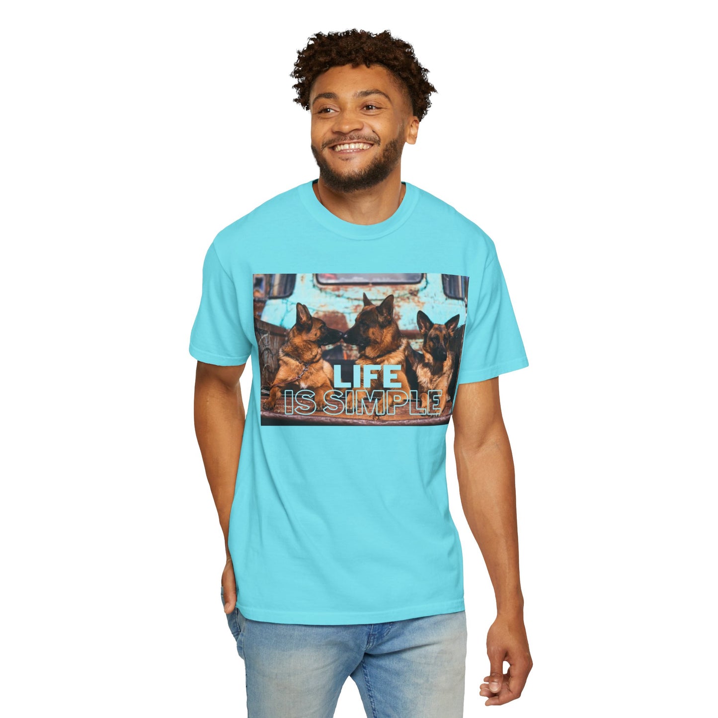 Unisex Dog Lover T-Shirt With Three German Shepherds Sitting on the Truck's Cargo Bed and Caption Life is Simple