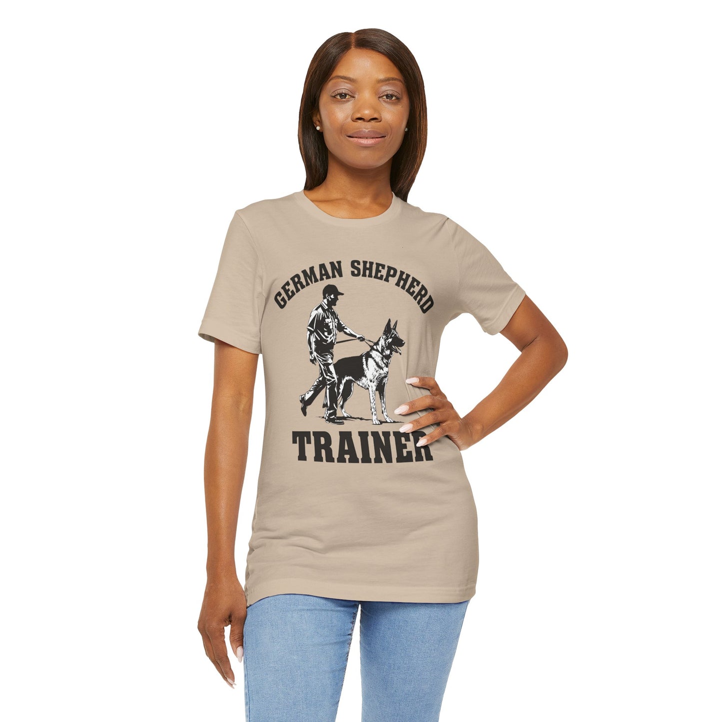 German Shepherd Trainer Tee - Black and White Design of Man Holding a German Shepherd