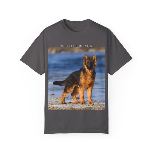 Unisex Dog Lover T-Shirt With German Shepherd Puppy Standing at the Sea Shore and Caption Selfless Beings