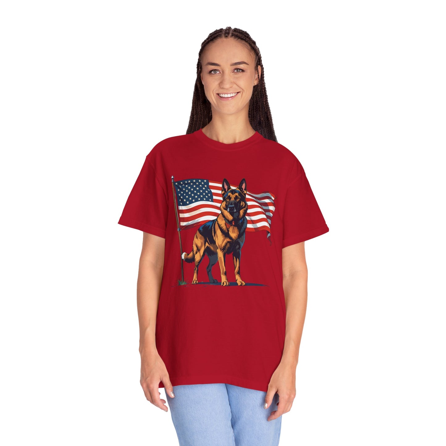 Patriotic German Shepherd Dog T-Shirt, Unisex Garment-Dyed Tee, Dog Lover Gift, US Independence Day Apparel, Casual Wear for Pet Lovers