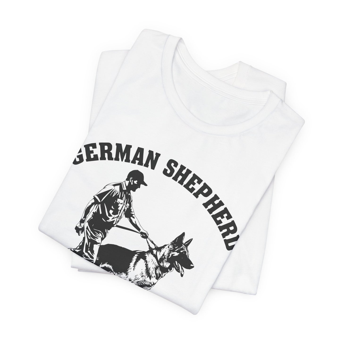 German Shepherd Trainer Tee - Black and White Design of Man Holding a German Shepherd