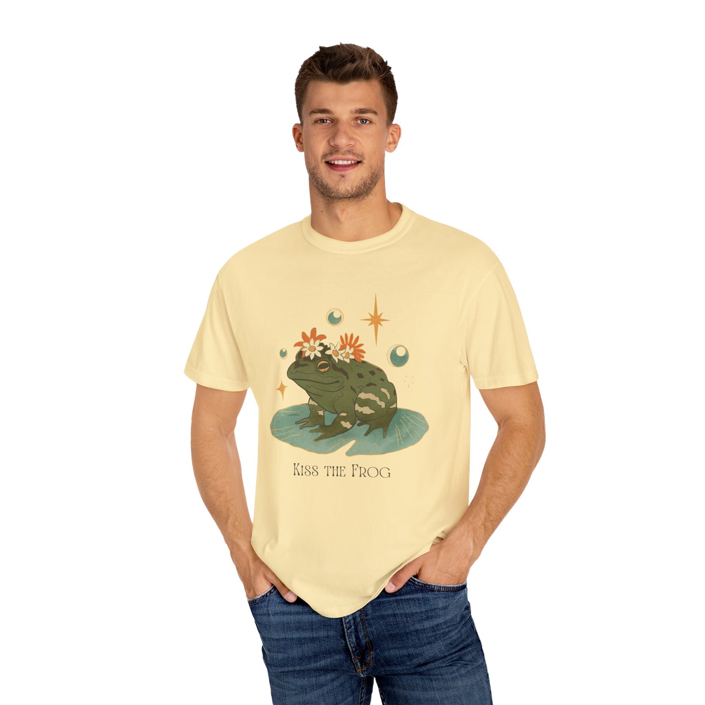 Kiss the Frog T-Shirt, Garment-Dyed Unisex Tee, Fun Gift for Nature Lovers, Cute Frog Graphic T-Shirt, Ideal for Casual Outings