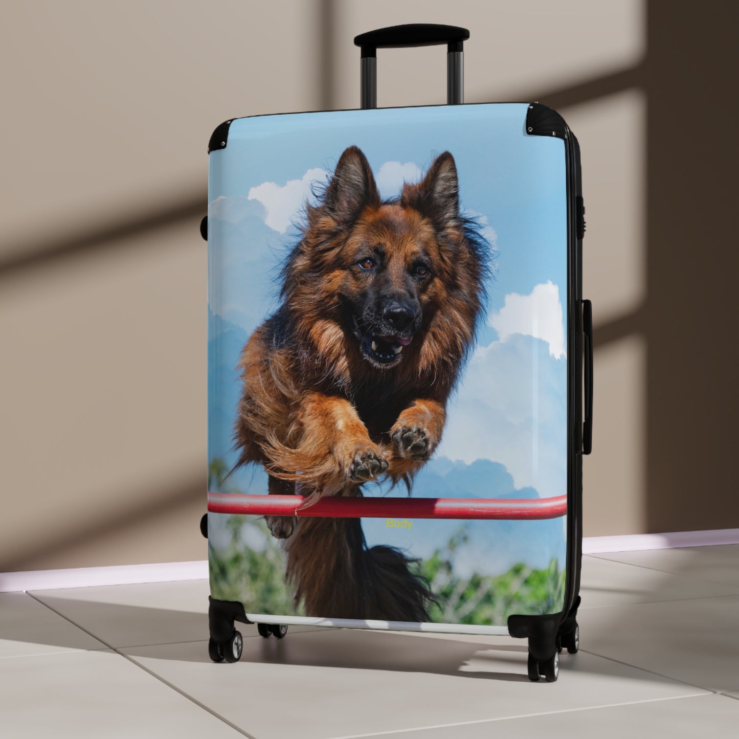 Dog Lover's Travel Suitcase Featuring a German Shepherd in the Air While Jumping An Agility Fence