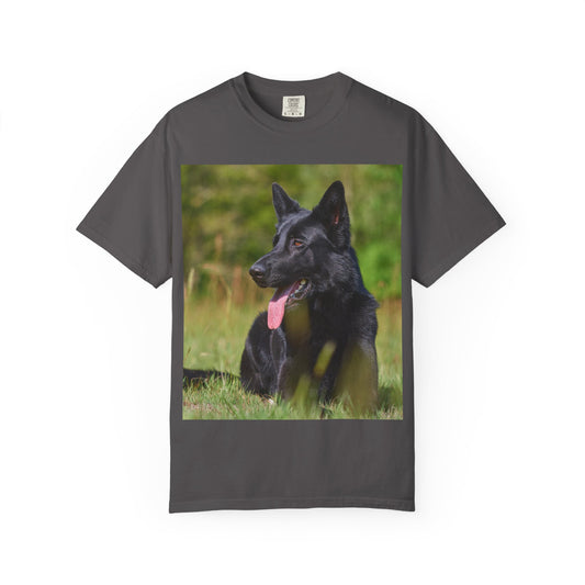 Unisex Garment-Dyed T-Shirt Featuring a Black German Shepherd Resting on Grass Looking Sideways