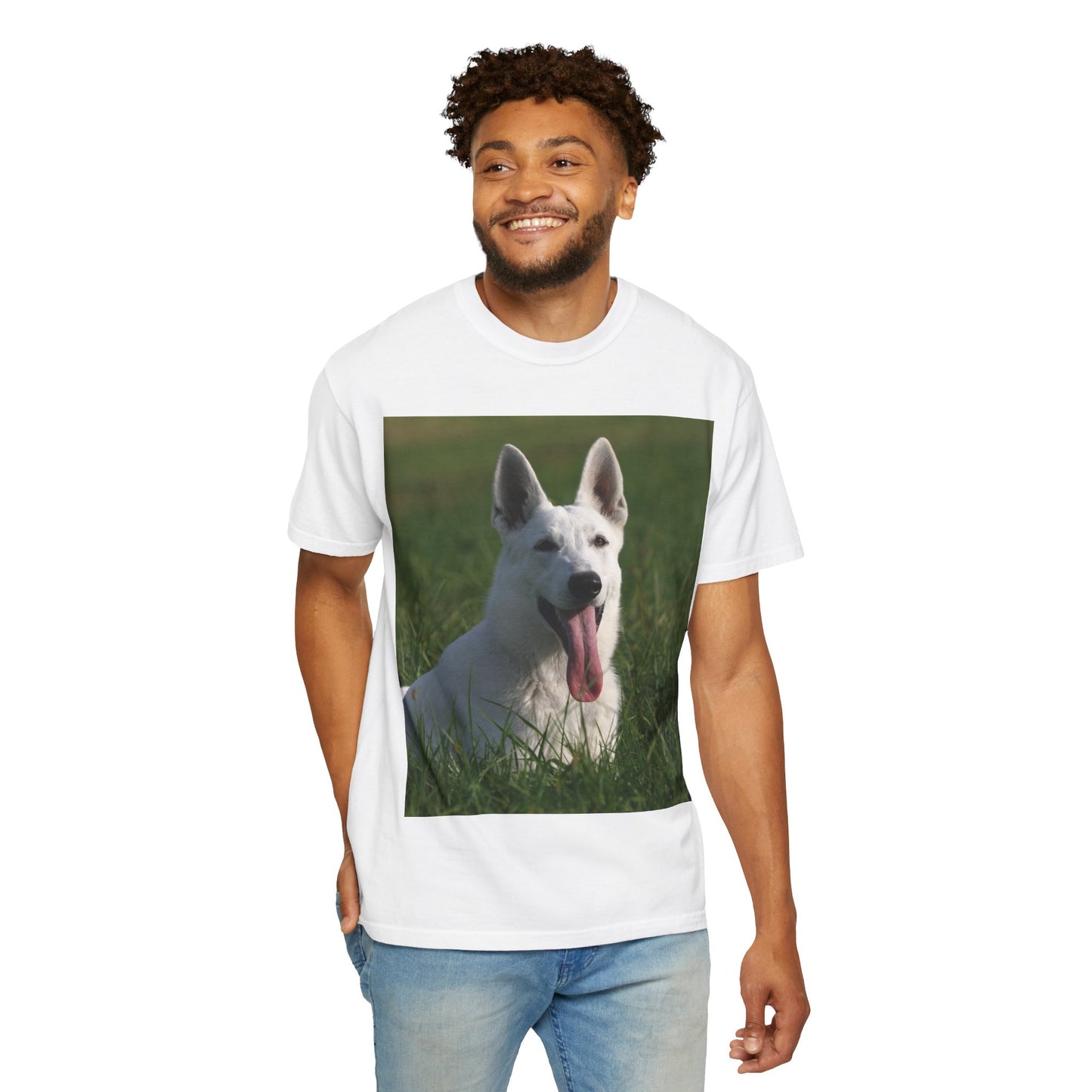 Unisex Dog Lover T-Shirt Featuring White German Shepherd Resting On Green Grass Leaving Tongue Out