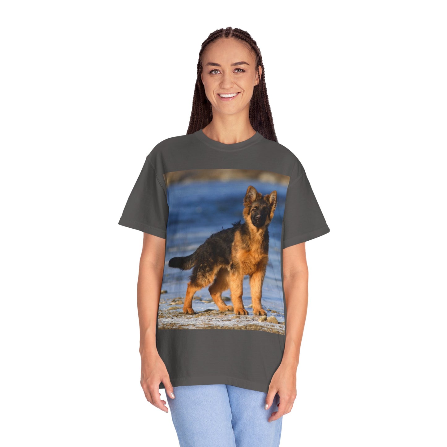 Unisex Dog Lover T-Shirt Featuring Beautiful German Shepherd Puppy Standing at the Sea Shore