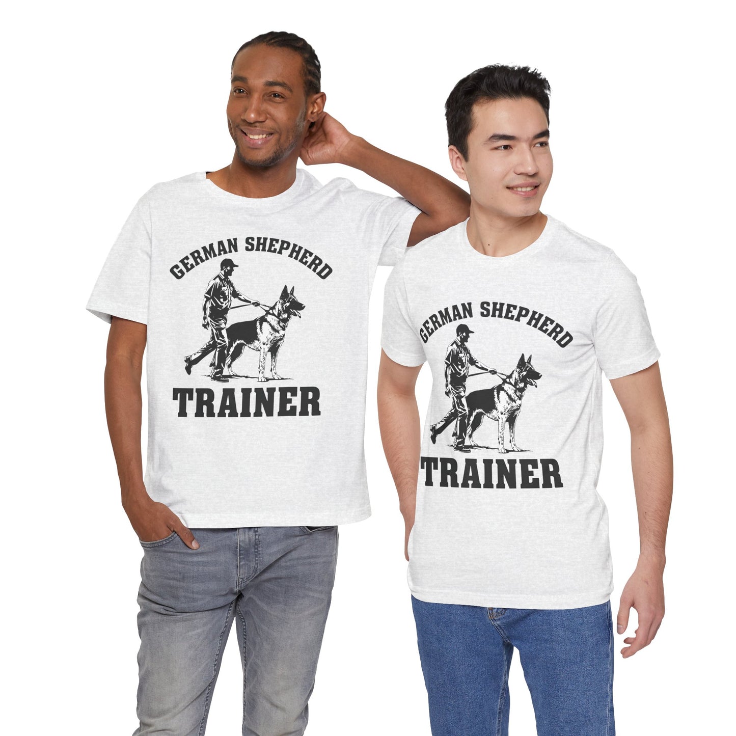 German Shepherd Trainer Tee - Black and White Design of Man Holding a German Shepherd