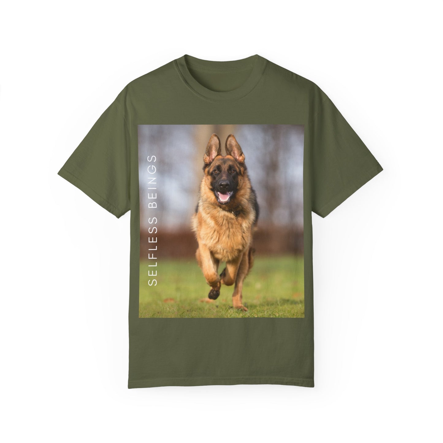 Unisex Dog Lover T-Shirt With Large German Shepherd Running on the Grass and Caption Selfless Beings