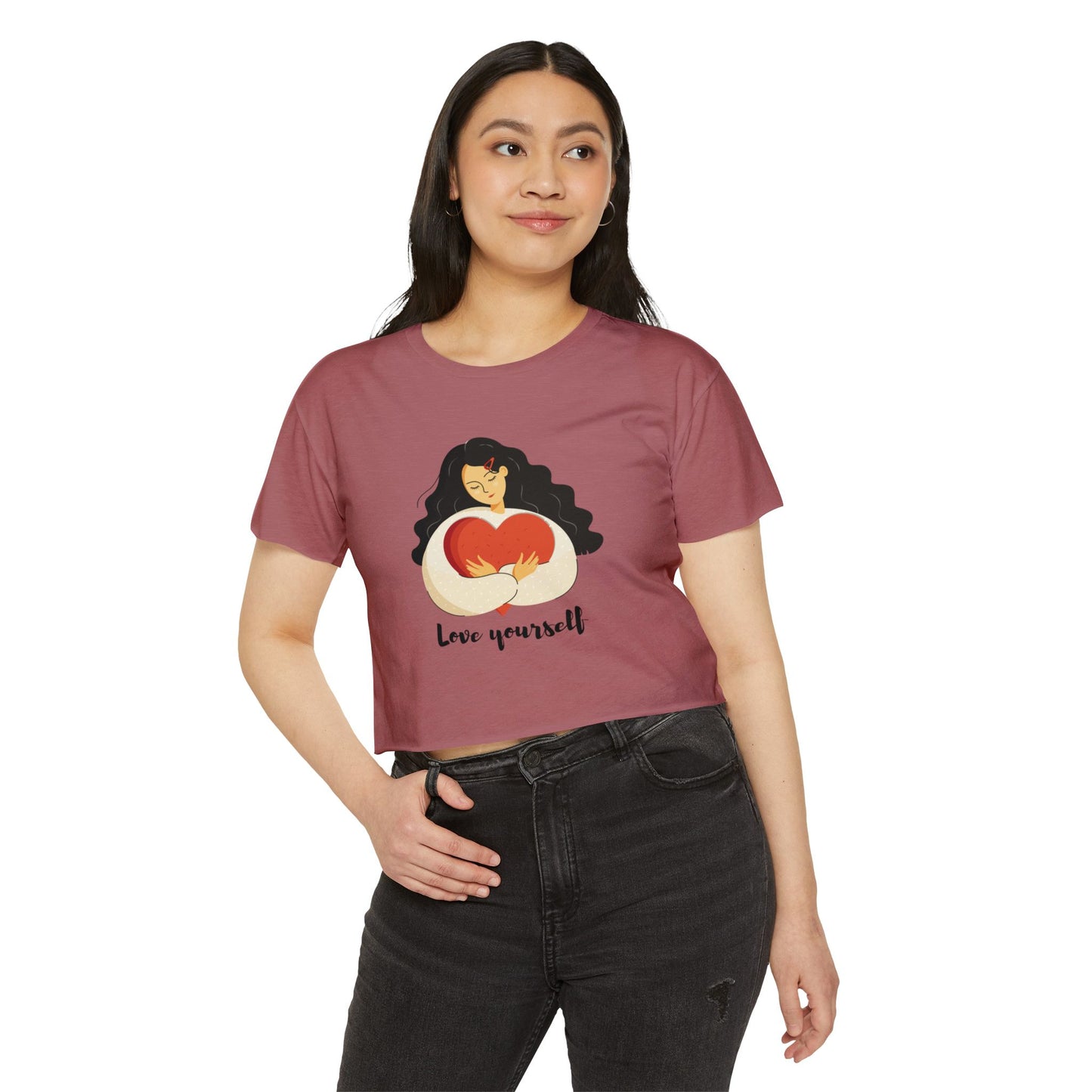 Love Yourself Festival Vibes Crop Top - Girl Holding a Big Heart, Summer Fashion, Boho Style, Women’s Casual Wear, Gift for Her