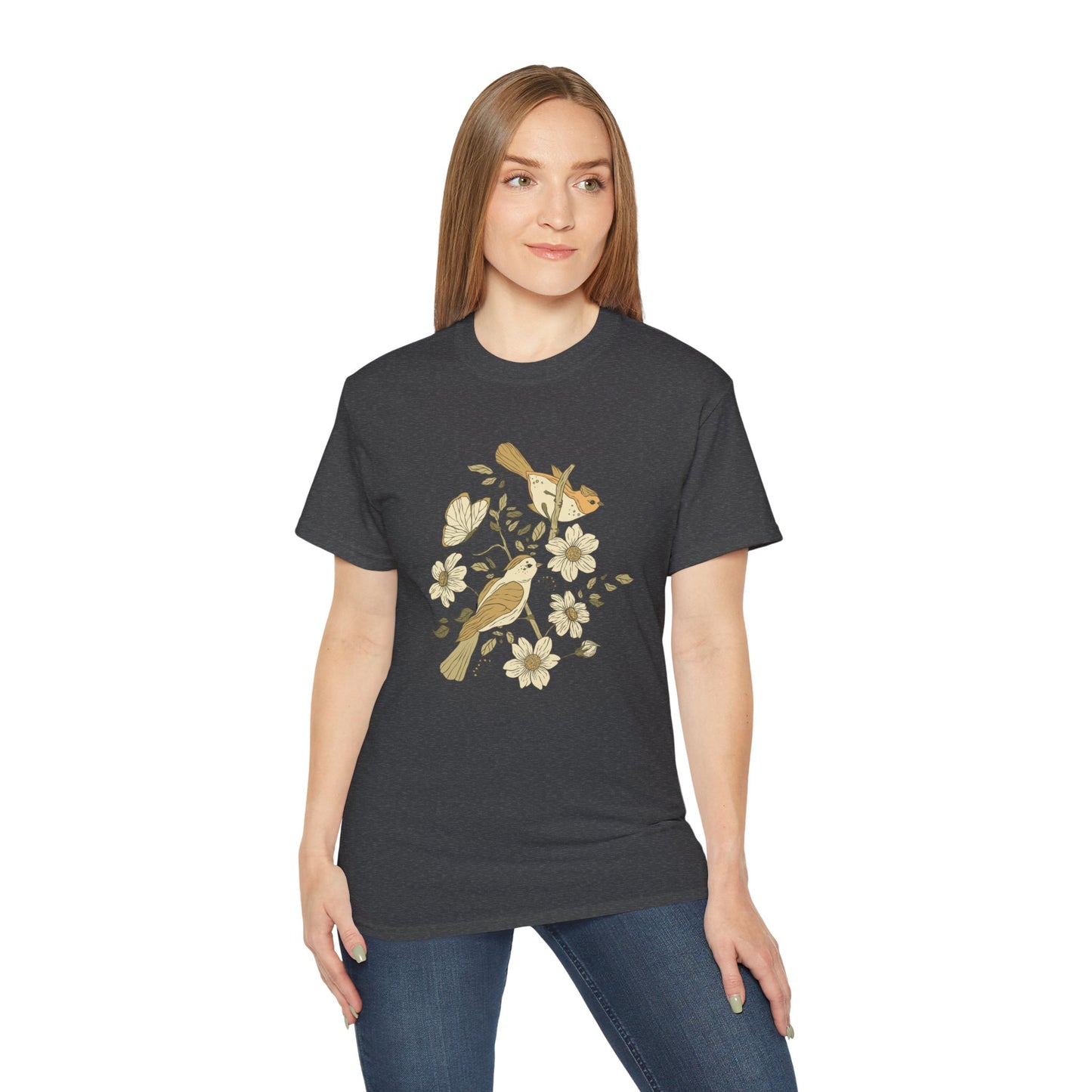 Nature-Inspired Unisex Tee, Floral Bird Print T-Shirt, Gift for Nature Lovers, Spring Fashion, Eco-Friendly Casual Wear