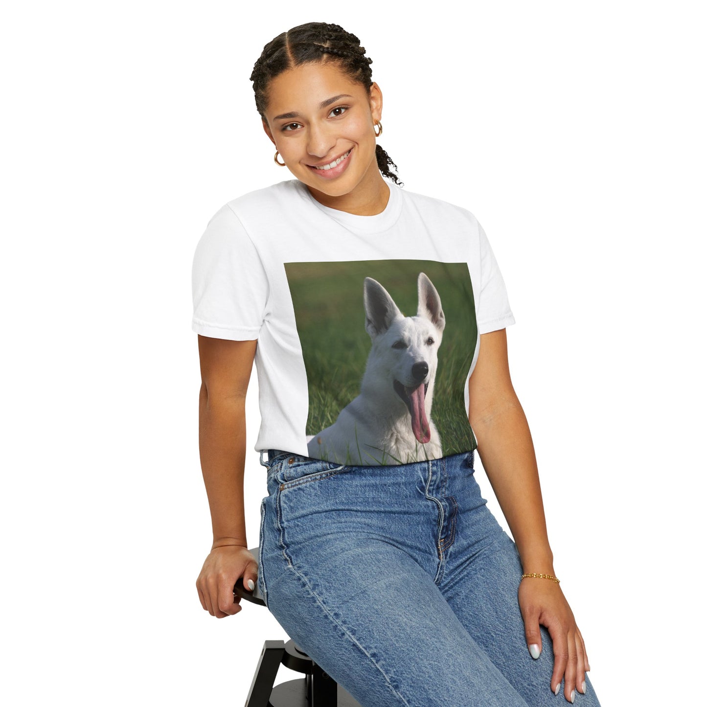 Unisex Dog Lover T-Shirt Featuring White German Shepherd Resting On Green Grass Leaving Tongue Out
