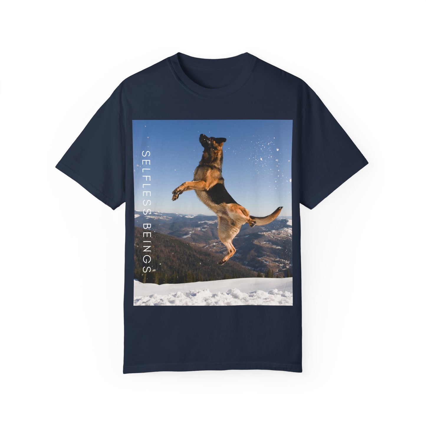 Unisex Dog Lover T-Shirt With a German Shepherd in the Air on Top of Snow Mountain and Caption Selfless Beings