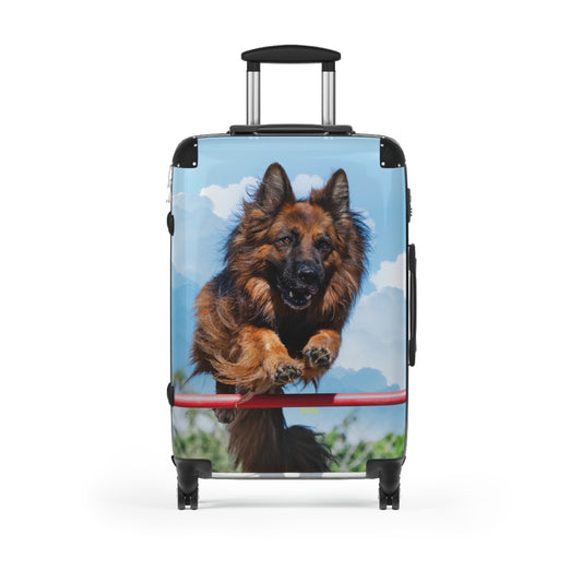 Dog Lover's Travel Suitcase Featuring a German Shepherd in the Air While Jumping An Agility Fence