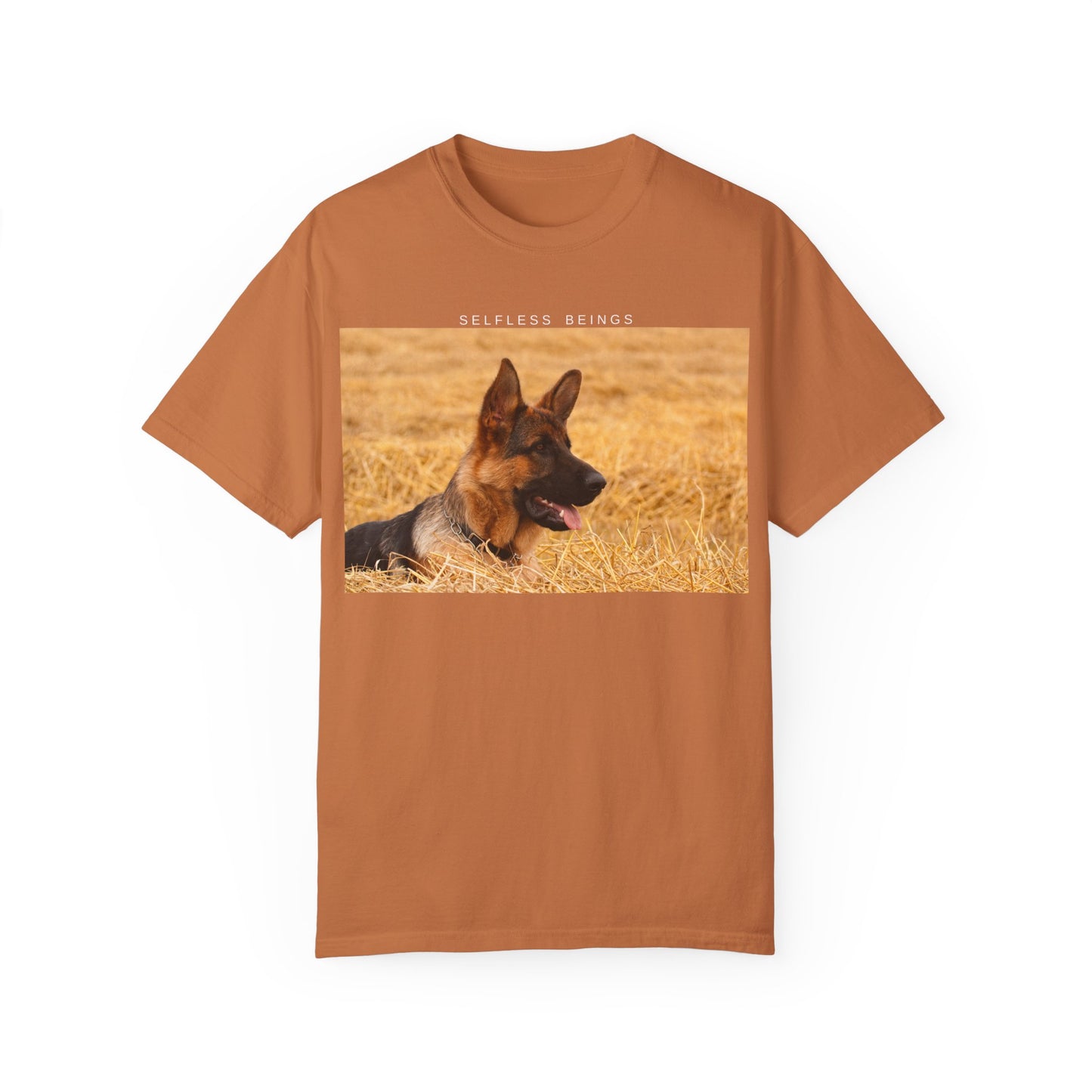 Unisex Dog Lover T-Shirt With a German Shepherd Relaxing on the Long Dry Grass and Caption Selfless Beings