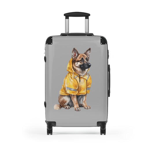 Dog Lovers Suitcase Featuring a German Shepherd Wearing a Yellow Rain Coat