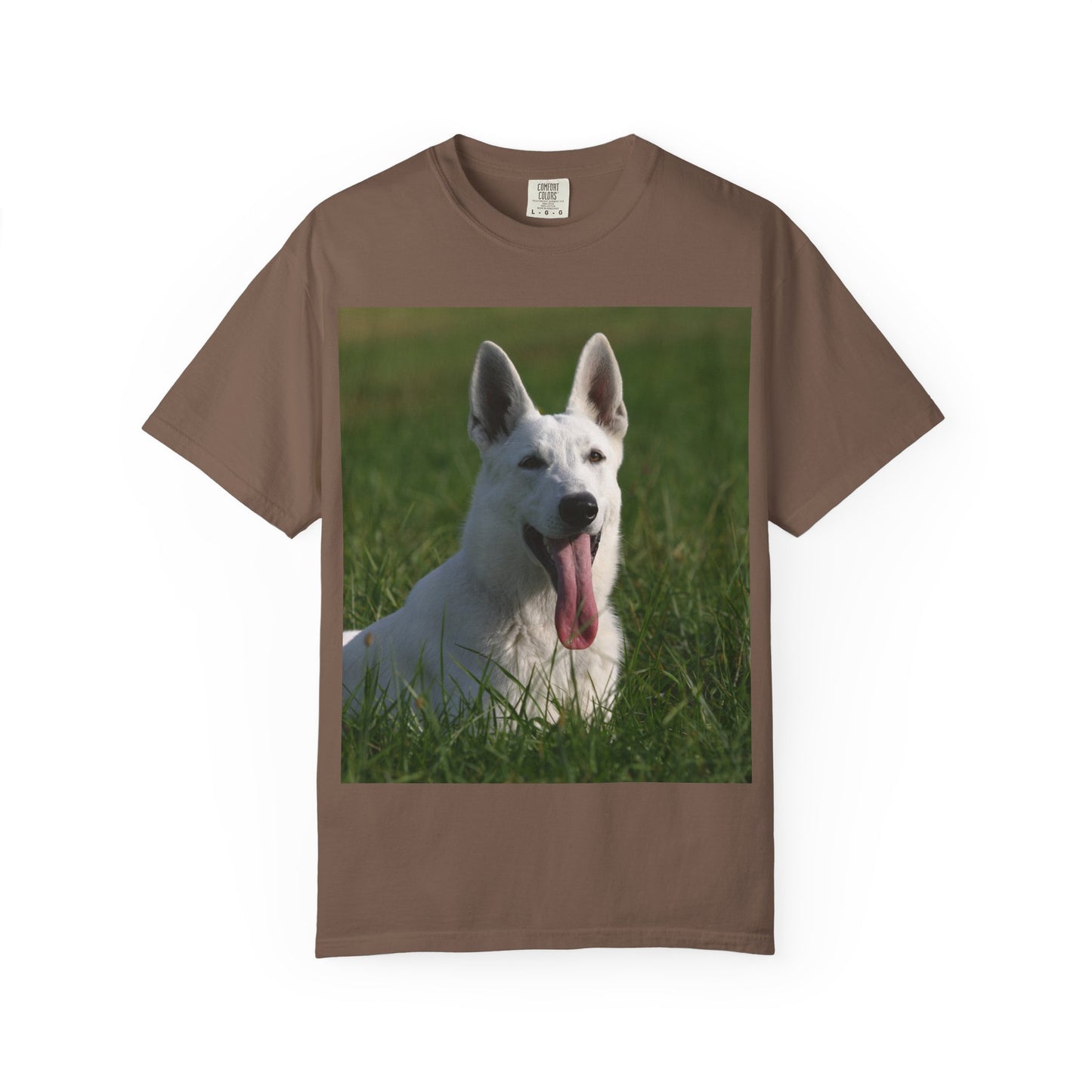 Unisex Dog Lover T-Shirt Featuring White German Shepherd Resting On Green Grass Leaving Tongue Out