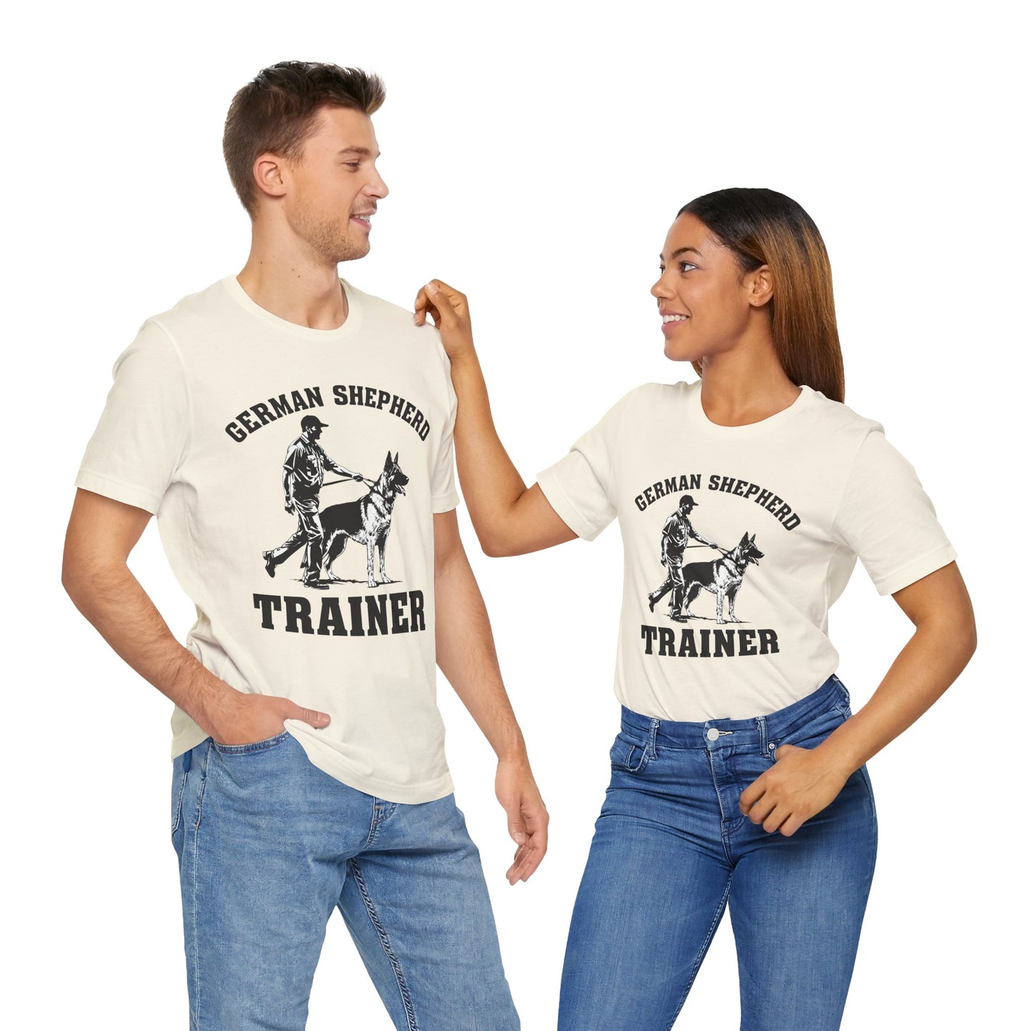 German Shepherd Trainer Tee - Black and White Design of Man Holding a German Shepherd