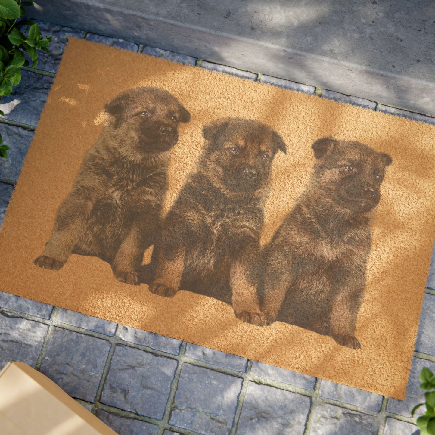 Doormat Featuring Three Cute German Shepherd Puppies Sloppily Sitting in a Row