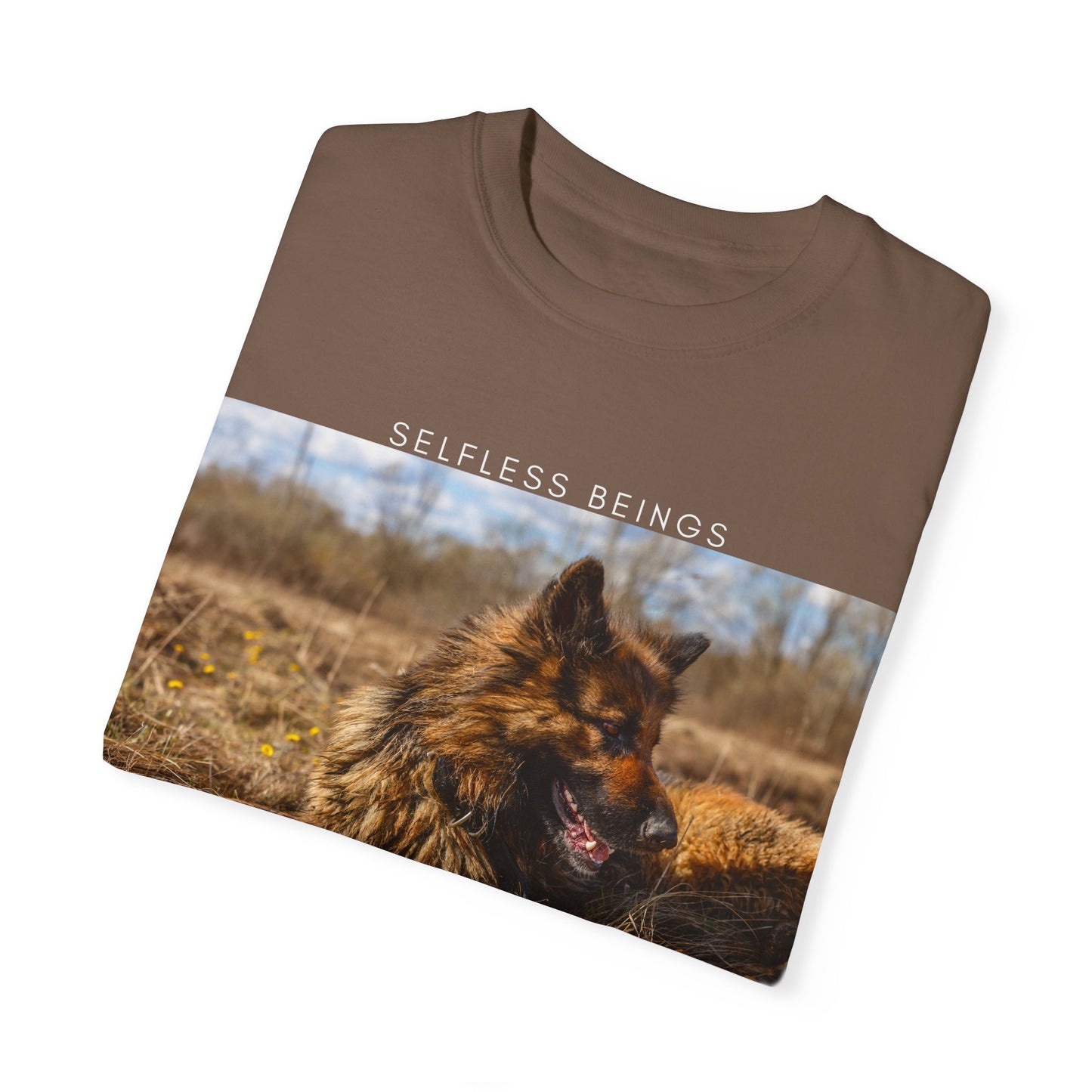 Unisex Dog Lover T-Shirt With a German Shepherd Lying on the Dry Grass in Spring and Caption Selfless Beings