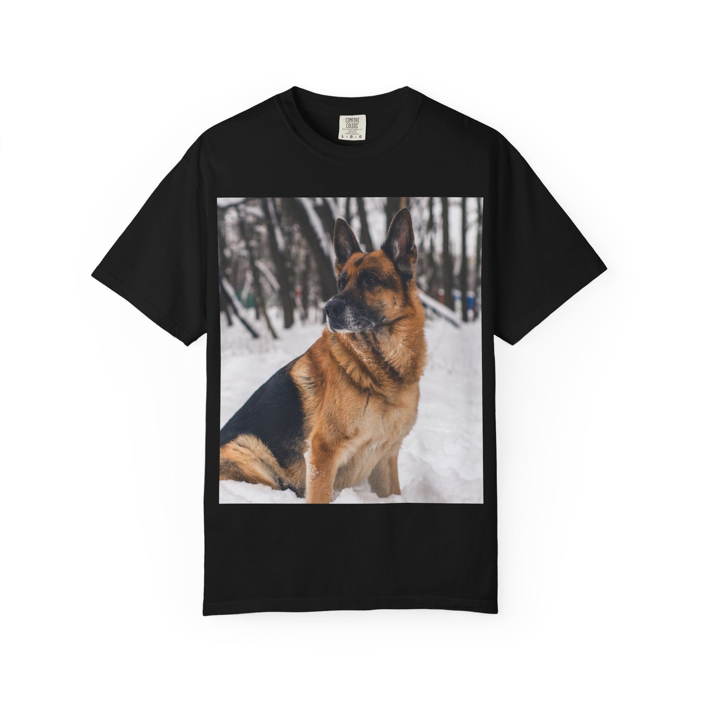 Unisex Dog Lovers T-Shirt Featuring a Beautiful German Shepherd Sloppily Sitting on the Snow