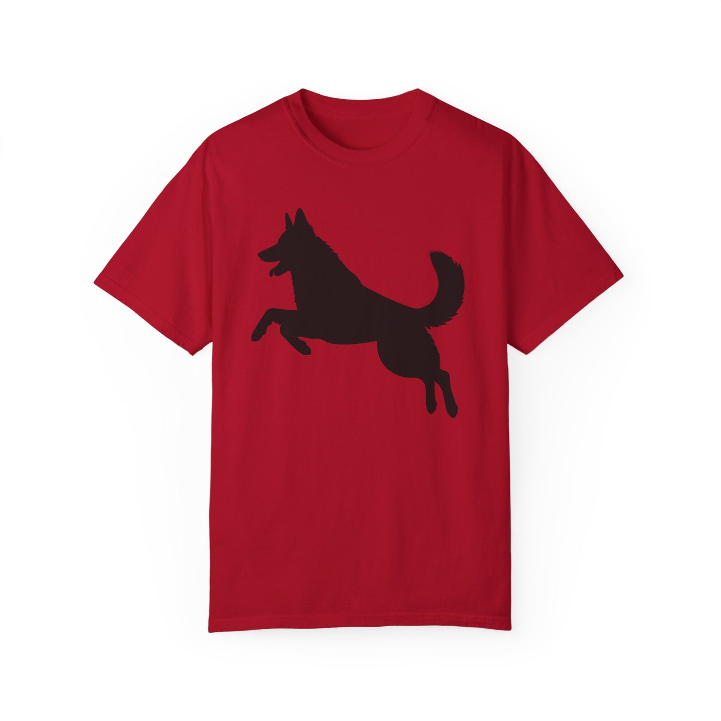 Unisex Dog Lover T-Shirt With a Graphic of Solid Black German Shepherd Jumping in the Air