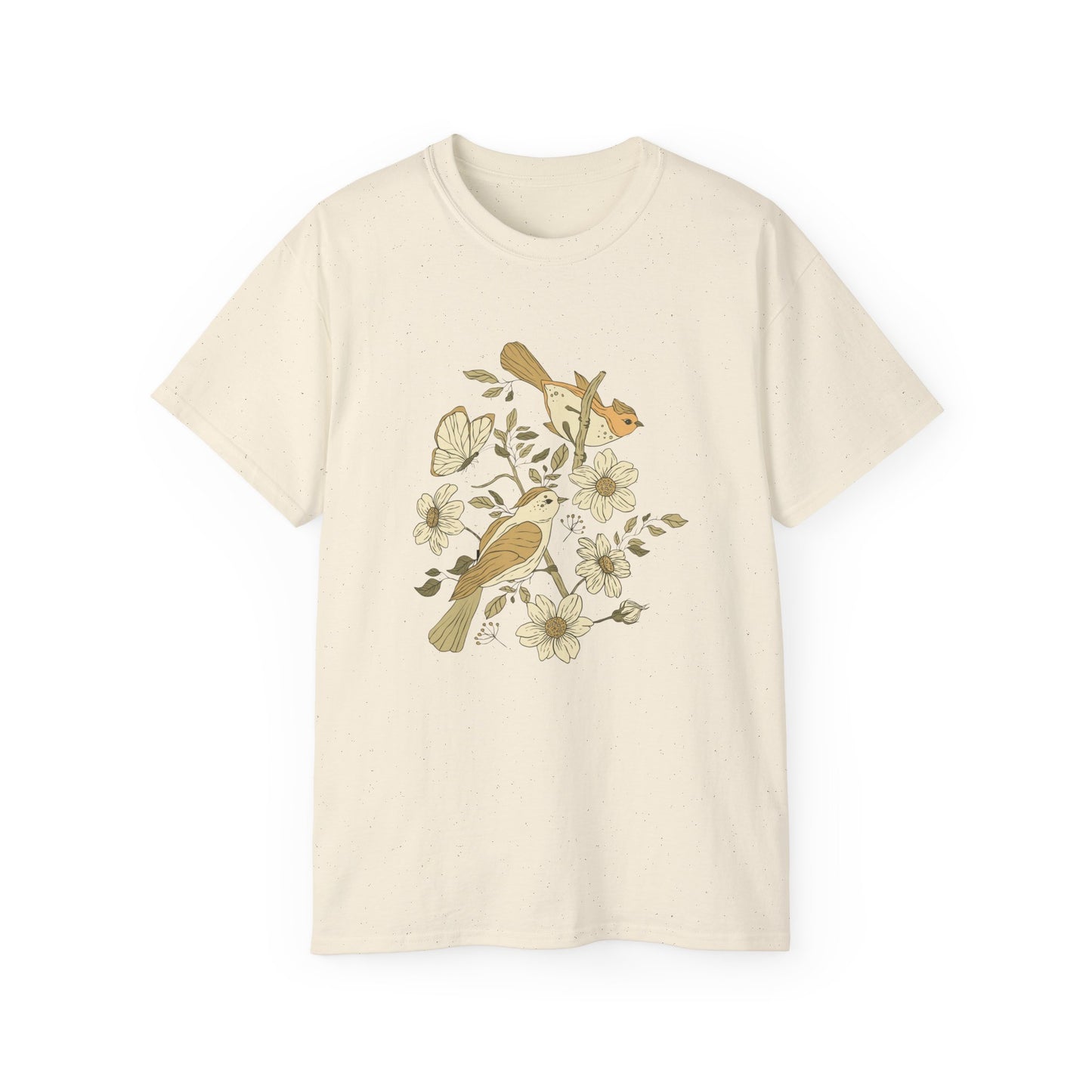 Nature-Inspired Unisex Tee, Floral Bird Print T-Shirt, Gift for Nature Lovers, Spring Fashion, Eco-Friendly Casual Wear