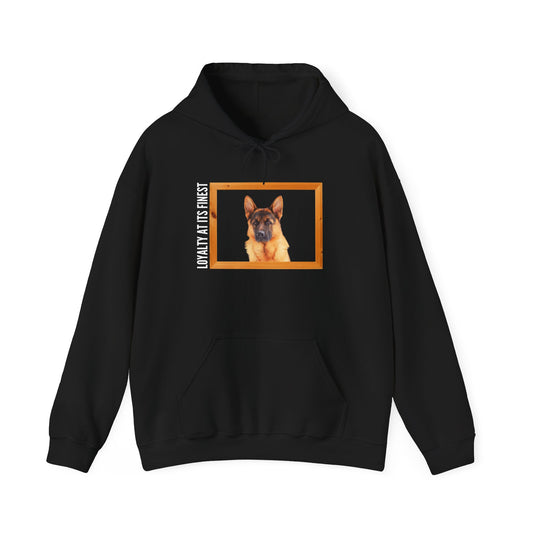 Unisex Dog Lover Hoodie With a German Shepherd's Head Inside a Wooden Frame and Caption Loyalty at its Finest
