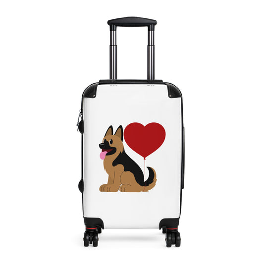 Dog Lover's Suitcase Featuring Graphic of a German Shepherd Puppy and Heart Shaped Balloon Attached to Tail