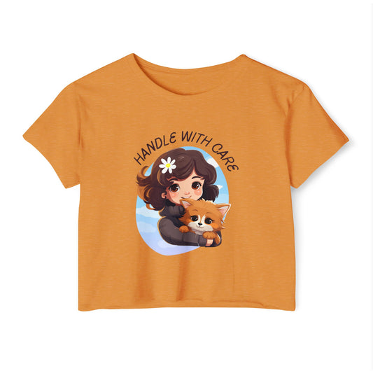 Cute Handle With Care Crop Top - Girl Holding a Cat | Women’s Festival Top, Summer Shirt, Pet Lover Gift, Casual Wear