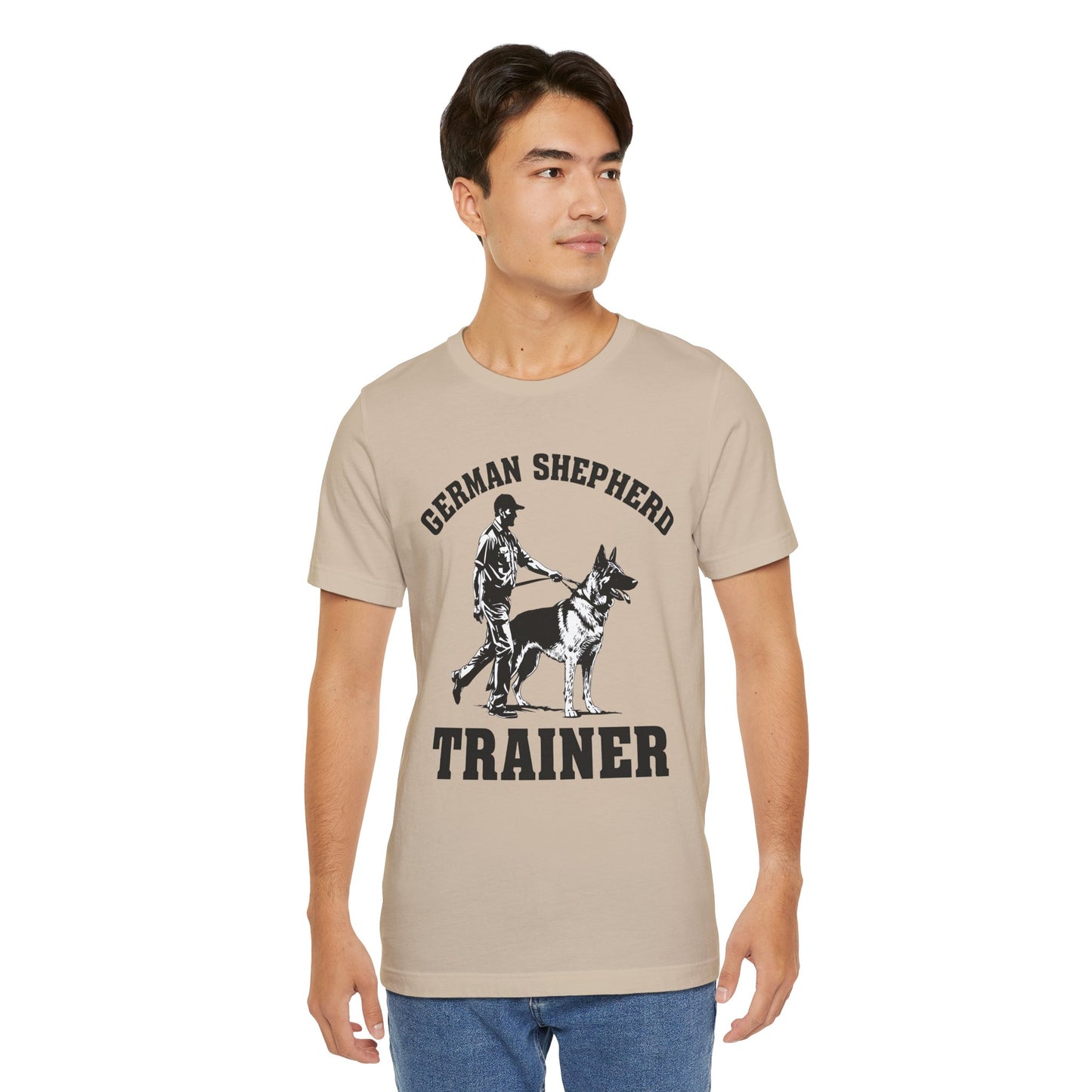 German Shepherd Trainer Tee - Black and White Design of Man Holding a German Shepherd