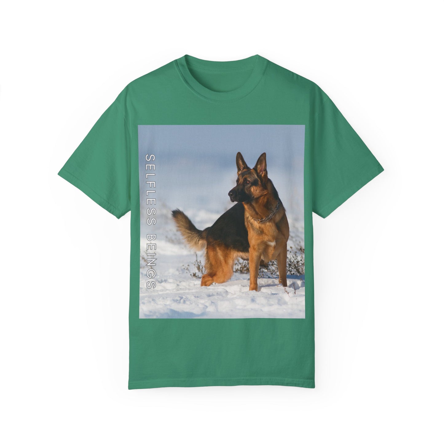 Unisex Dog Lover T-Shirt With a Beautiful German Shepherd Looking at Side Standing on the Snow and Caption Selfless Beings