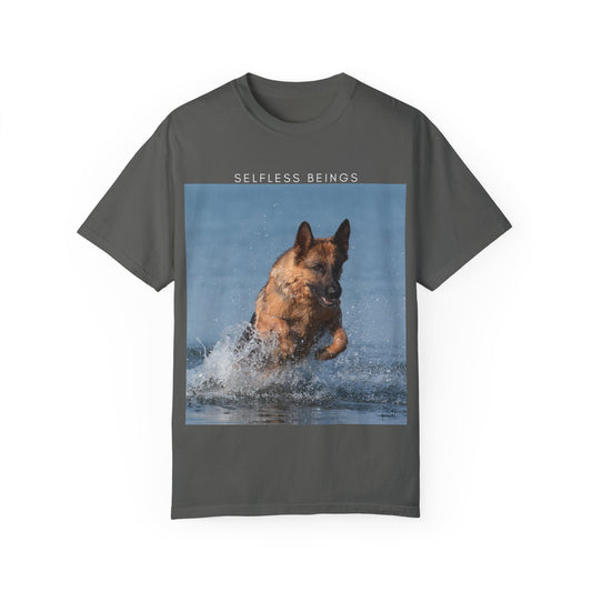 Unisex Dog Lover T-Shirt With Showline German Shepherd Swimming in the Sea and Caption Selfless Beings on Top