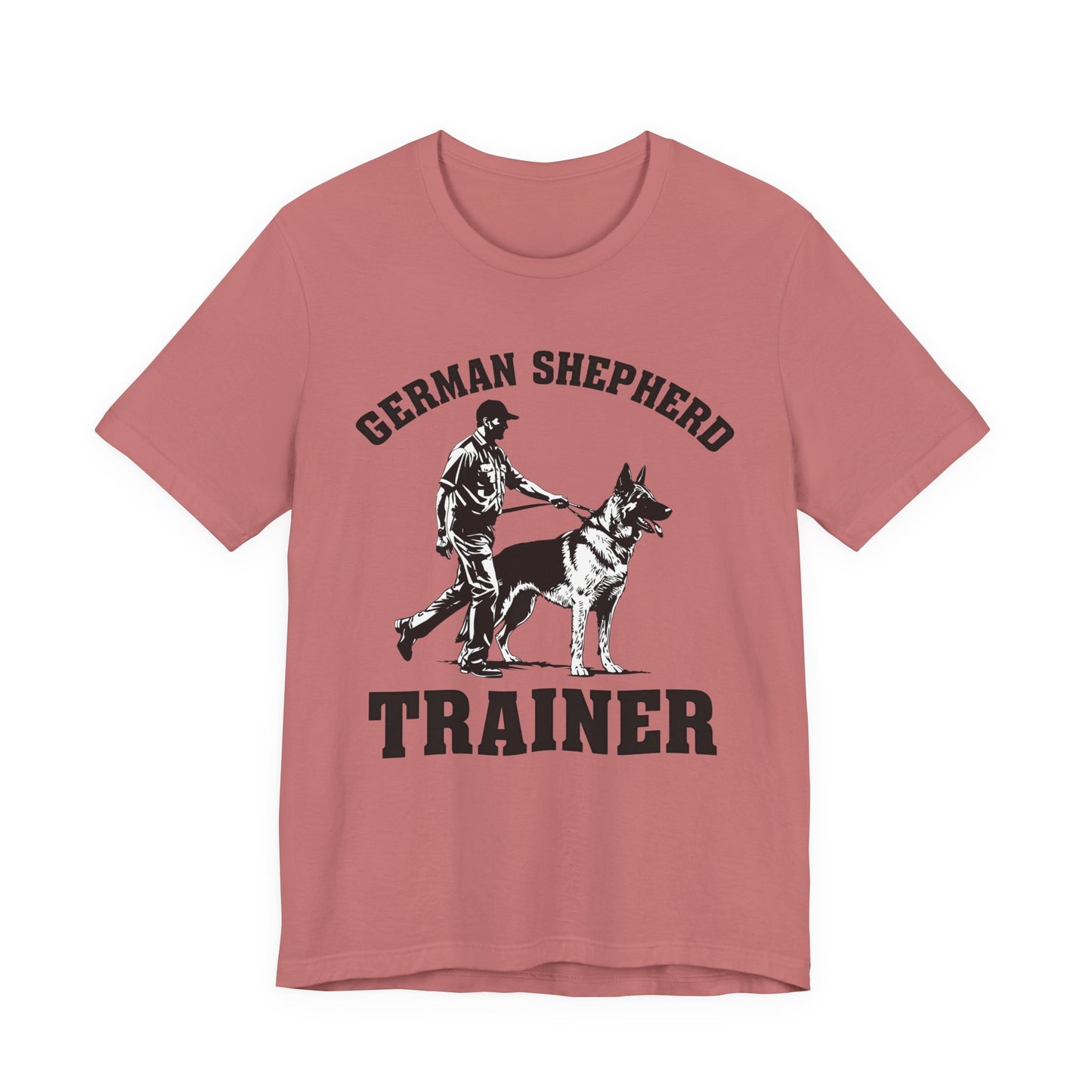 German Shepherd Trainer Tee - Black and White Design of Man Holding a German Shepherd