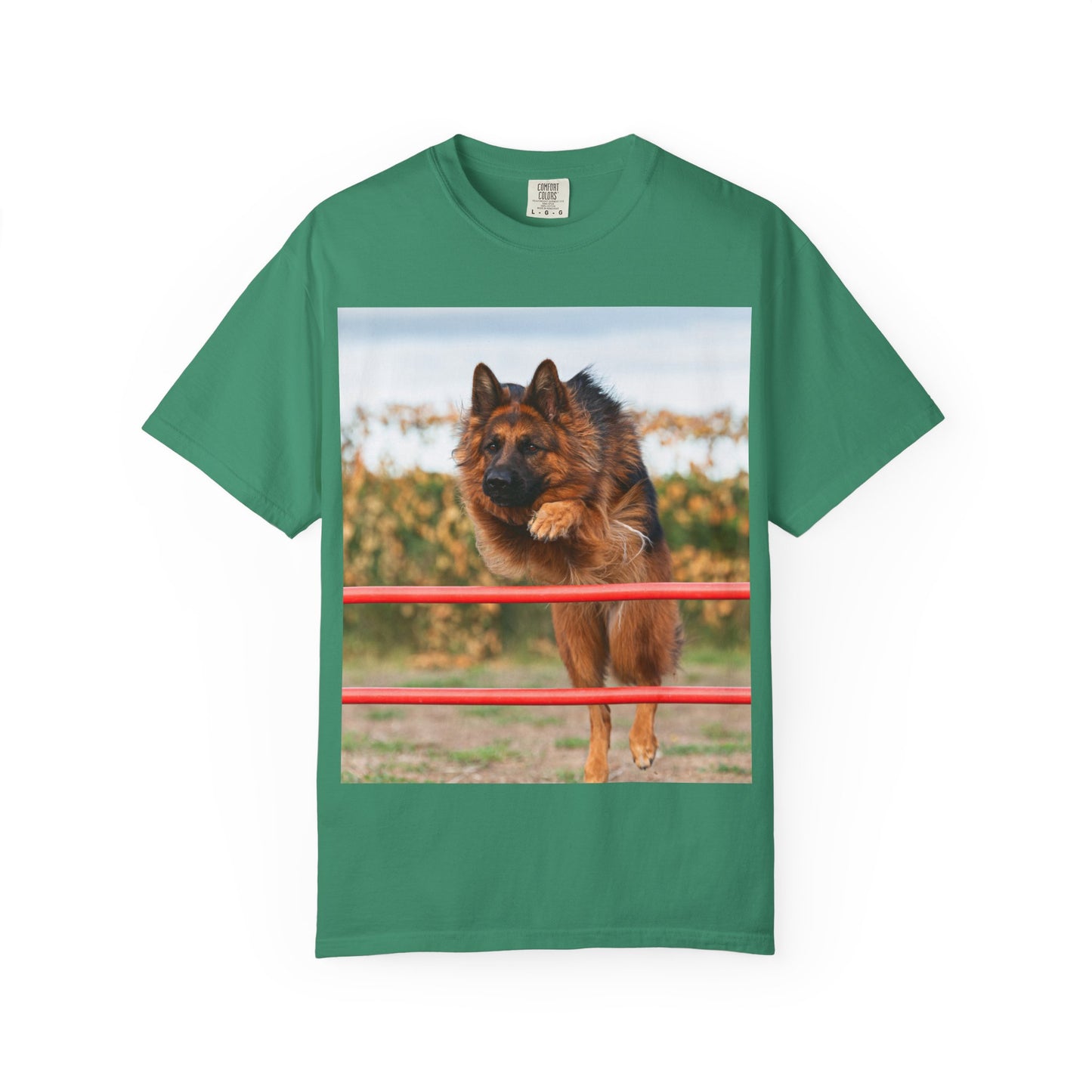 Dog Lover Unisex T-Shirt  Featuring Photograph of Showline German Shepherd Jumping Agility Fence