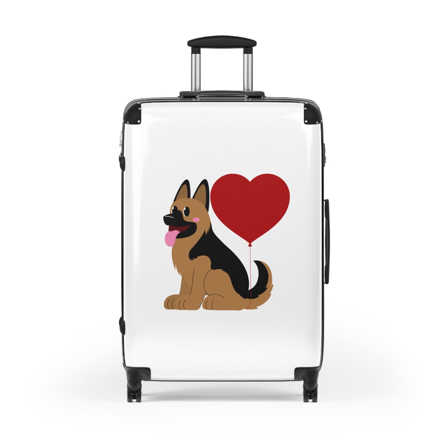 Dog Lover's Suitcase Featuring Graphic of a German Shepherd Puppy and Heart Shaped Balloon Attached to Tail