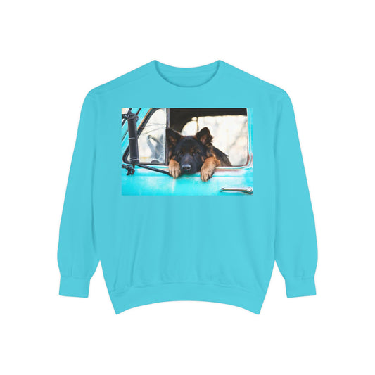 Unisex Dog Lover Sweatshirt With a German Shepherd Puppy Putting His Head and Front Legs On The Truck Seat's Window