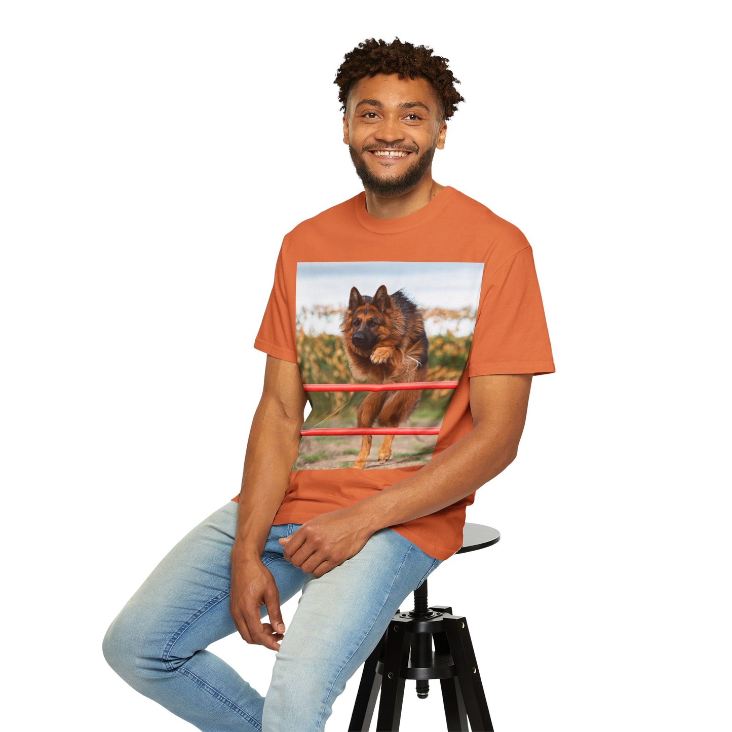 Dog Lover Unisex T-Shirt  Featuring Photograph of Showline German Shepherd Jumping Agility Fence