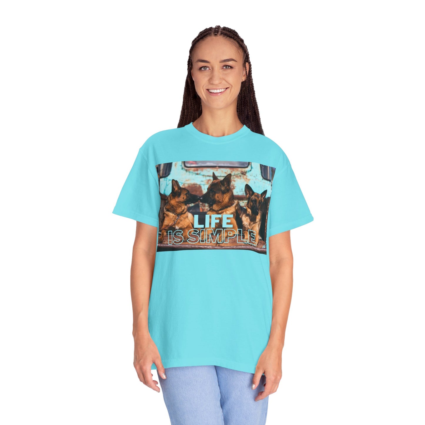 Unisex Dog Lover T-Shirt With Three German Shepherds Sitting on the Truck's Cargo Bed and Caption Life is Simple