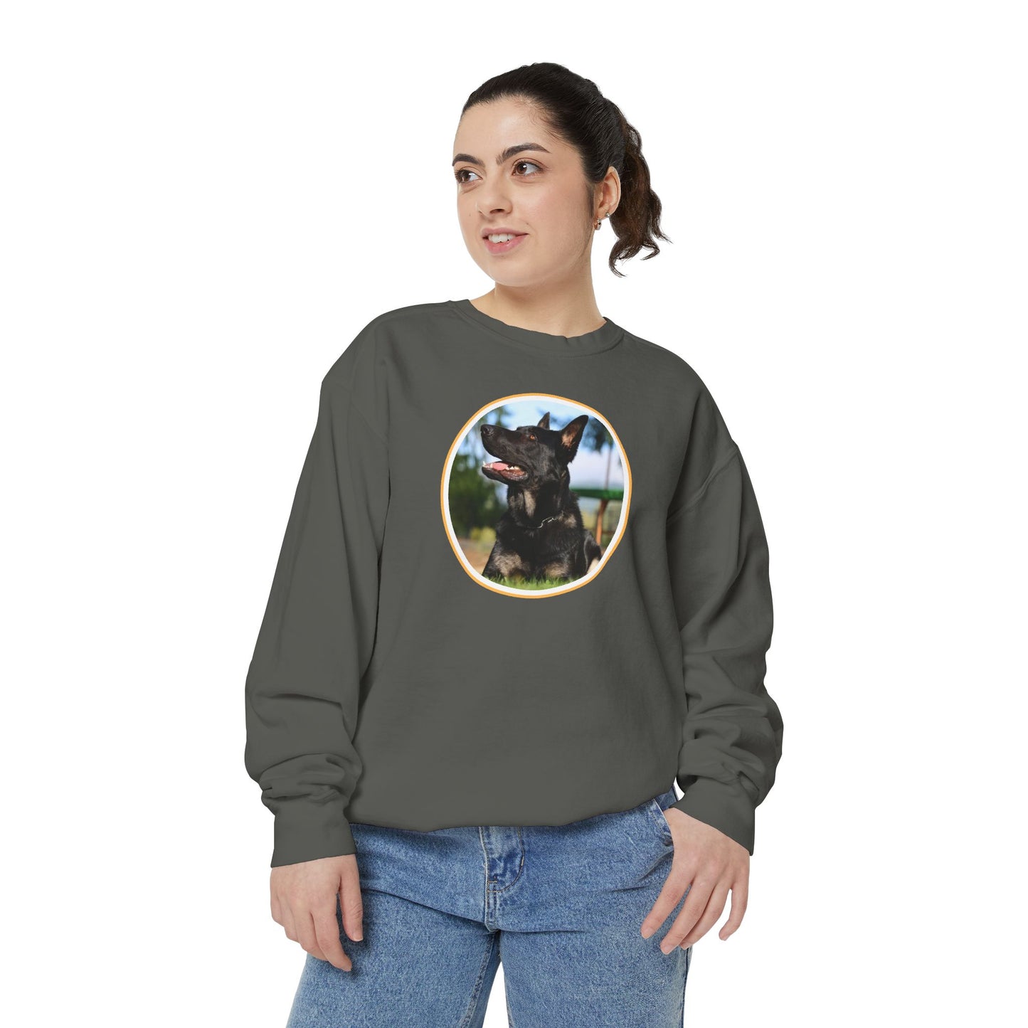 Unisex Dog Lover Sweatshirt With Close Up of Bicolor German Shepherd Inside Round Shape