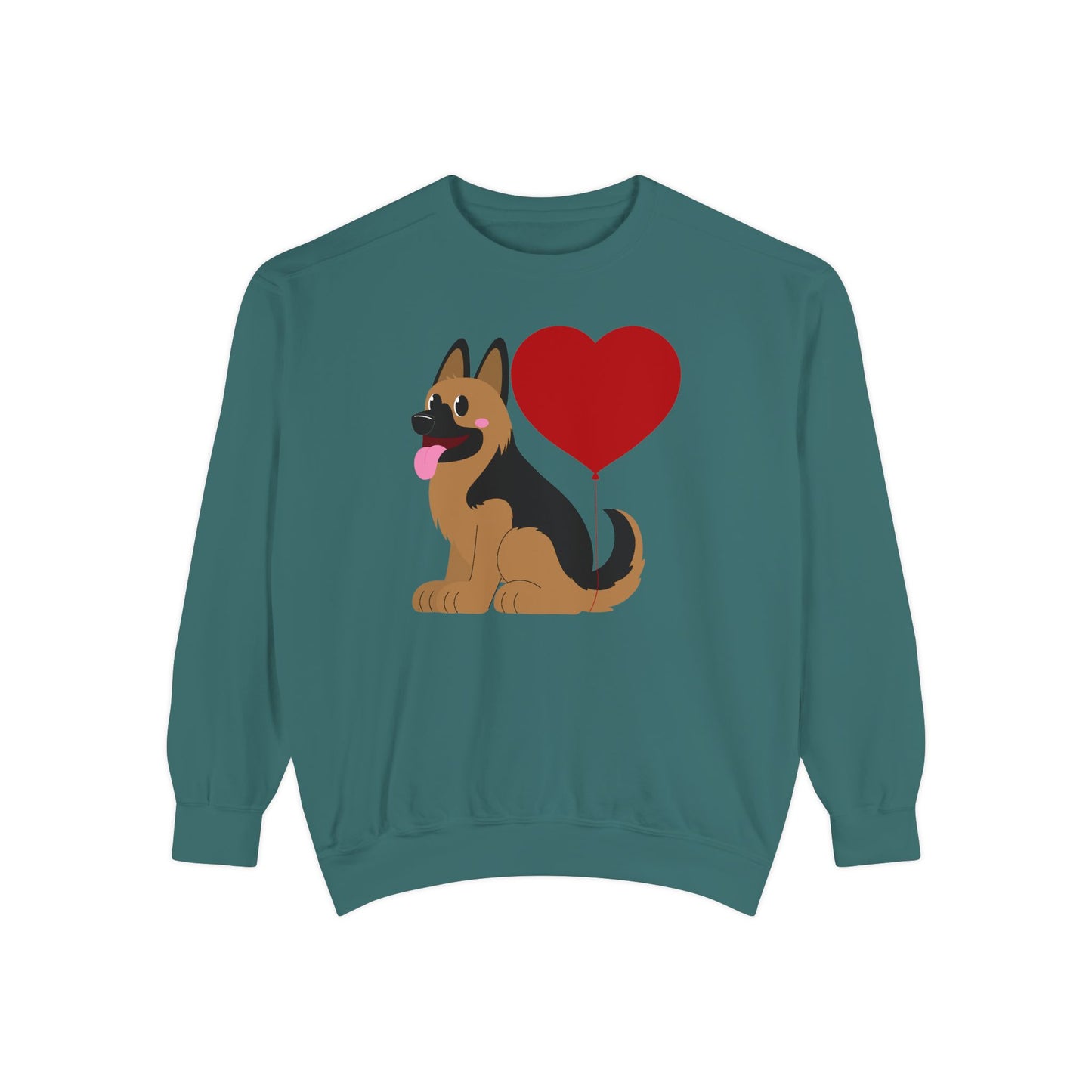 Unisex Dog Lover Sweatshirt With a Graphic of German Shepherd Puppy and Heart Shaped Balloon Attached With Tail