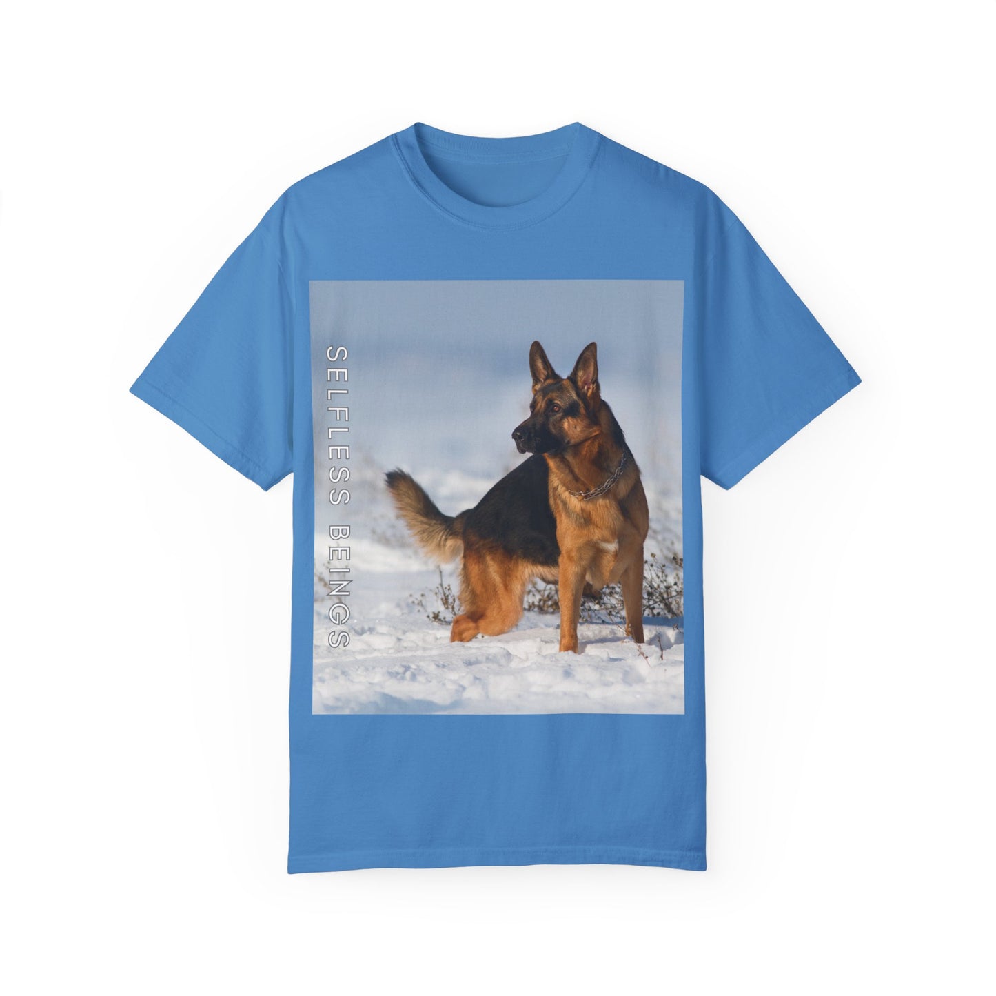 Unisex Dog Lover T-Shirt With a Beautiful German Shepherd Looking at Side Standing on the Snow and Caption Selfless Beings